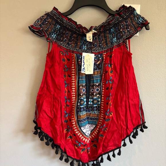 Vibrant Red Embroidered Off-Shoulder Blouse - Picture 3 of 9